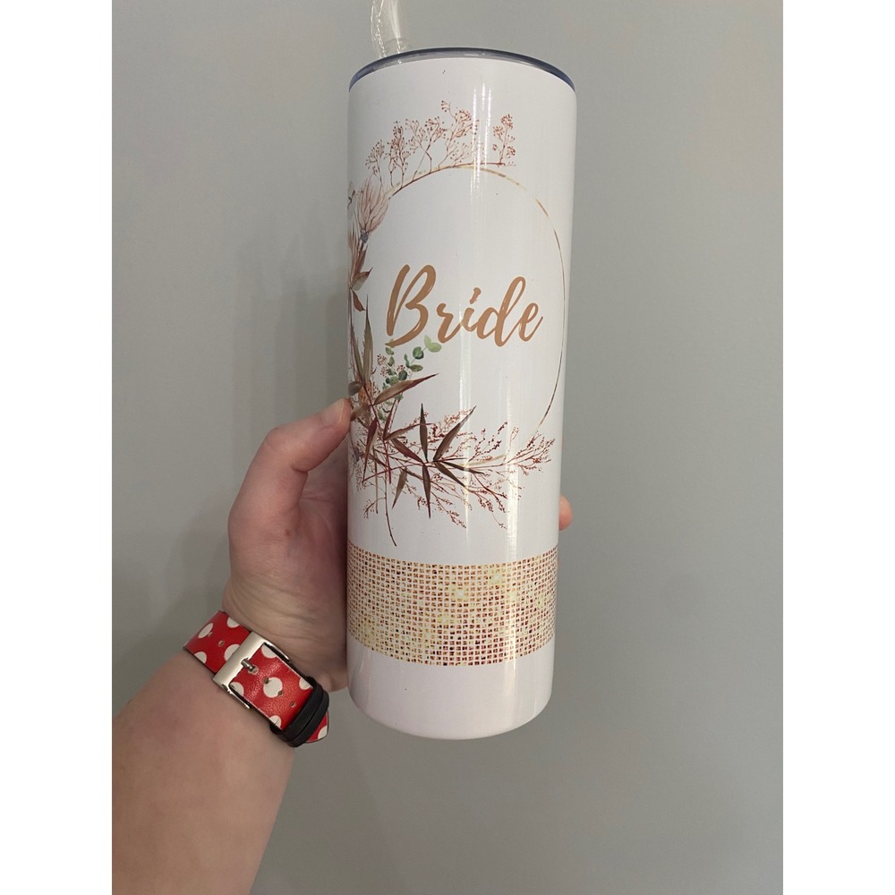 Bride Skinny Tumbler Women OS White Gold Floral Wreath Insulated Travel Cup Lid